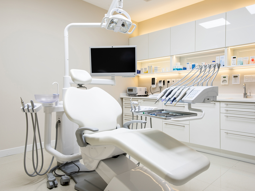 Consultorio dental moderno con sillón odontológico, lámpara, monitor y equipo profesional