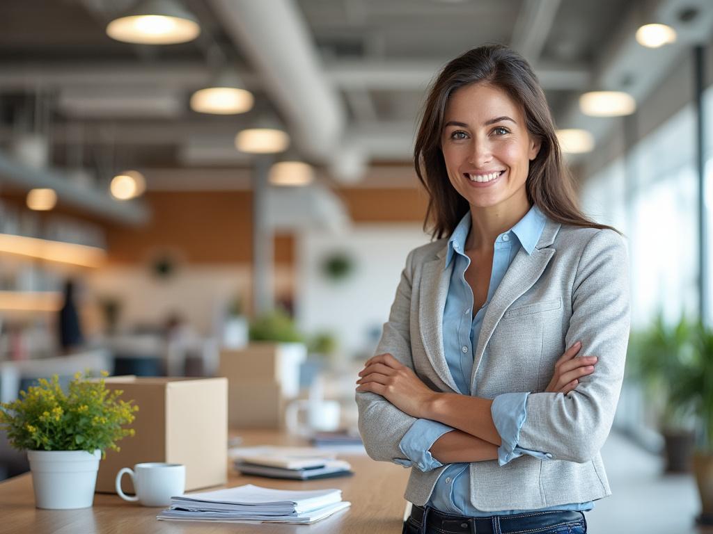 Confident woman in a modern office, smiling and crossing arms.