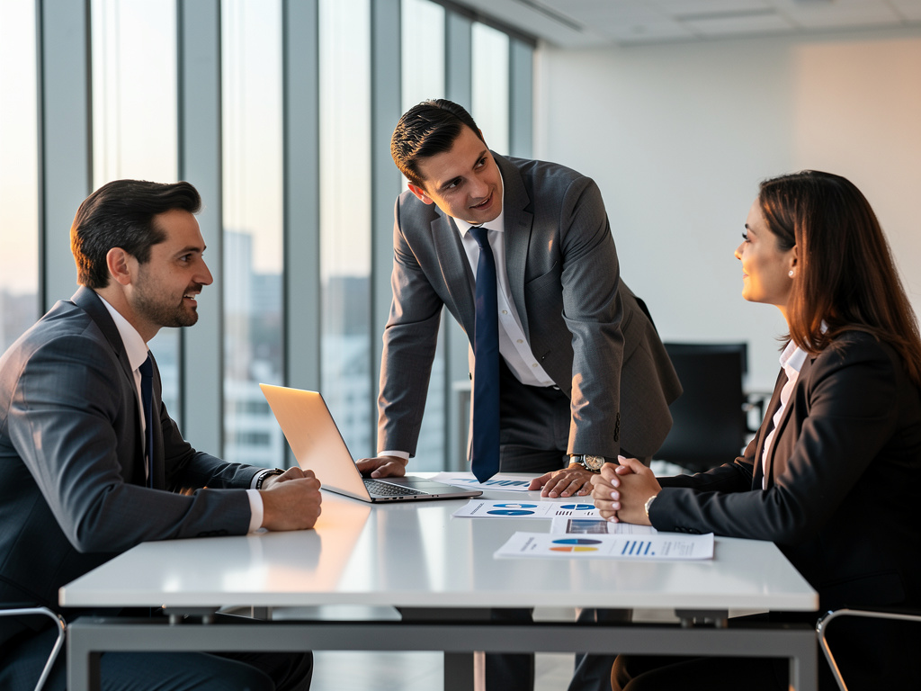 Equipo de negocios en reunión corporativa con portátil y gráficos en oficina moderna