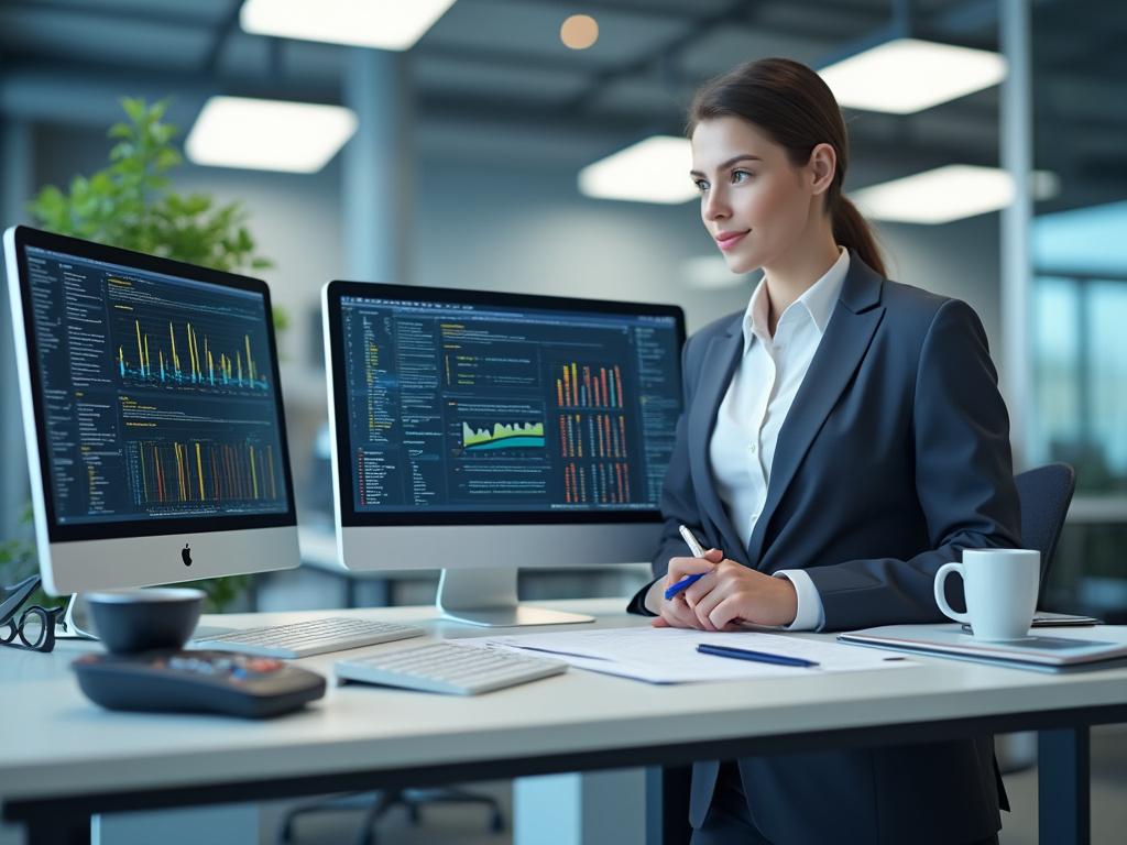 Mujer en traje formal trabajando en oficina con pantallas de computadora mostrando gráficos y datos, taza de café en el escritorio.
