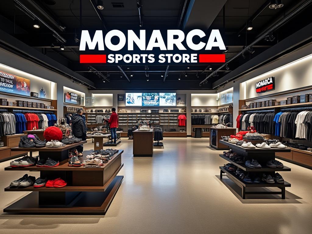 Tienda de deportes Monarca con ropa y calzado en exhibición.