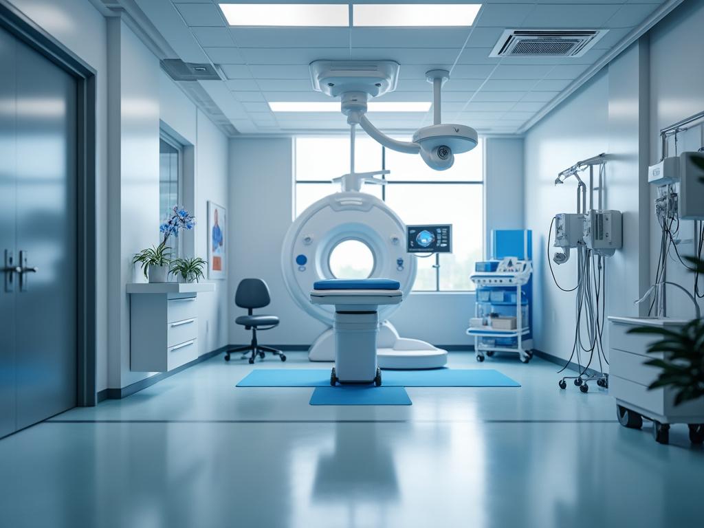 Sala de resonancia magnética moderna con escáner de tomografía computarizada, silla giratoria, y equipo médico.