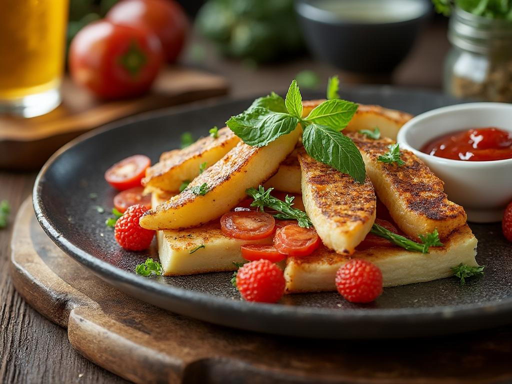 Plato de queso frito con tomates cherry, frambuesas, y salsa de tomate en un plato negro, decorado con hojas de menta.
