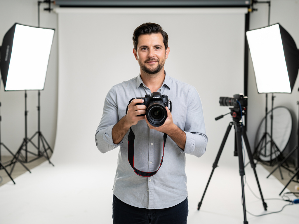 Professional photographer holding DSLR camera in studio with softbox lighting and tripod equipment
