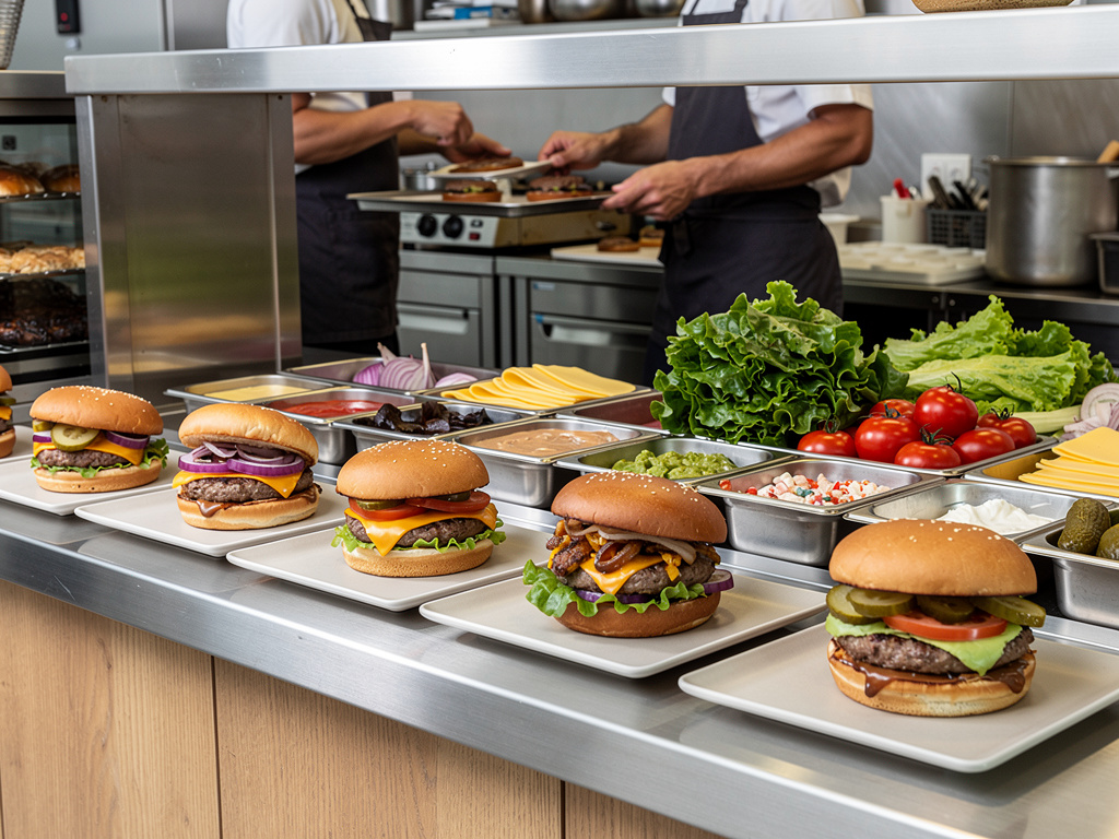 Hamburguesas gourmet con queso y verduras frescas en cocina profesional