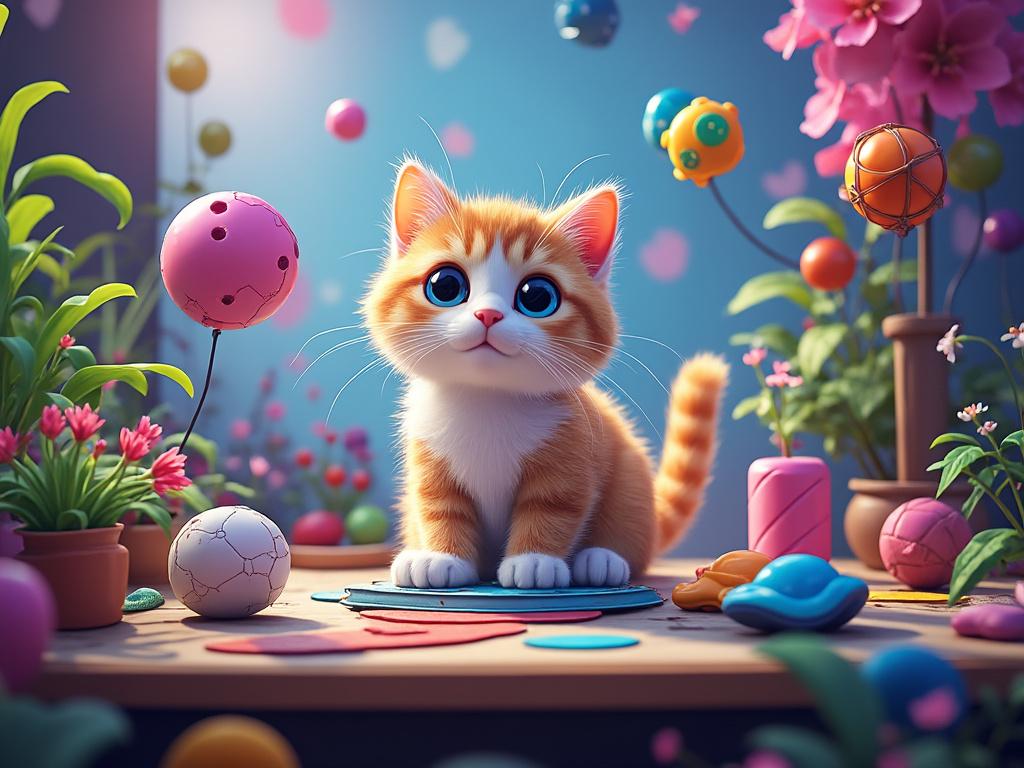 Cute orange and white kitten sitting on a table surrounded by colorful toys and flowers in a vibrant, whimsical garden setting.