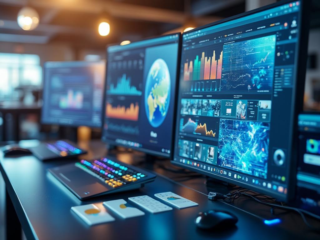 Puesto de trabajo de análisis de datos con varias pantallas mostrando gráficos financieros y mapas digitales, teclado y ratón iluminados.
