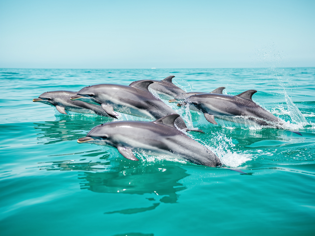 Grupo de delfines saltando en aguas turquesas del océano bajo un cielo despejado