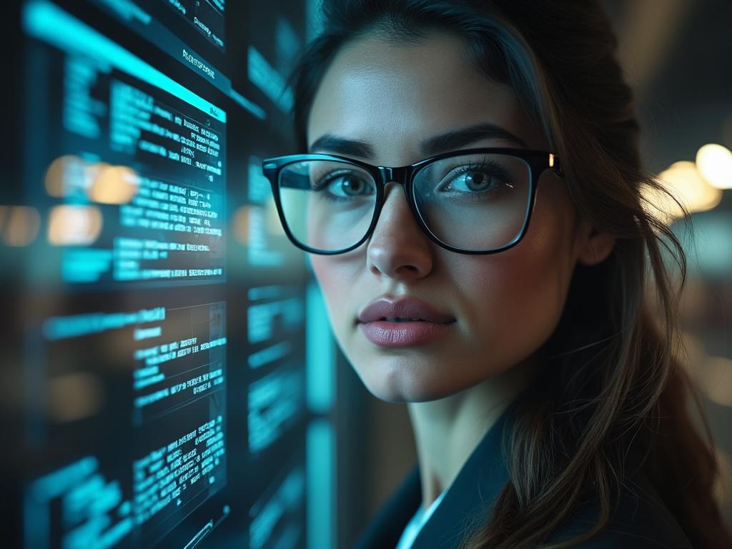 Woman wearing glasses looks at digital code on a screen.