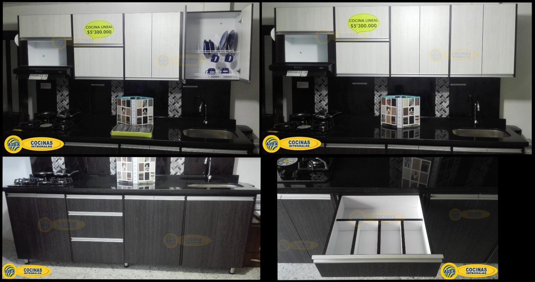 Cocina de exhibición lineal de 2.46 mts. colores Glacial-Volcano, disponible para entrega inmediata.