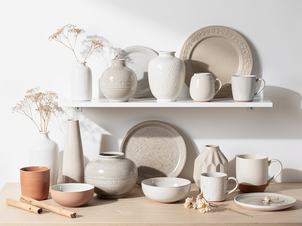 Vajilla de cerámica artesanal en tonos neutros con platos, tazas, jarrones y flores secas sobre estante blanco