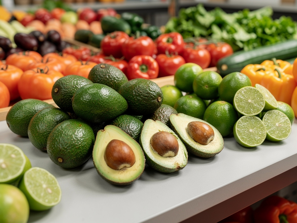 Aguacates y limas frescas en mercado con tomates, pepinos y verduras al fondo