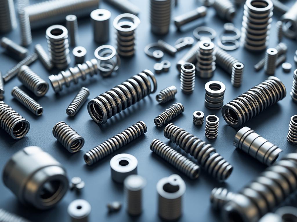 Variedad de resortes metálicos en diferentes tamaños sobre superficie azul.