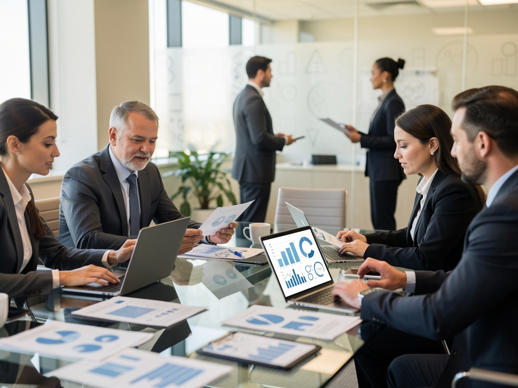 Equipo empresarial analizando informes financieros y gráficos en una reunión de oficina moderna