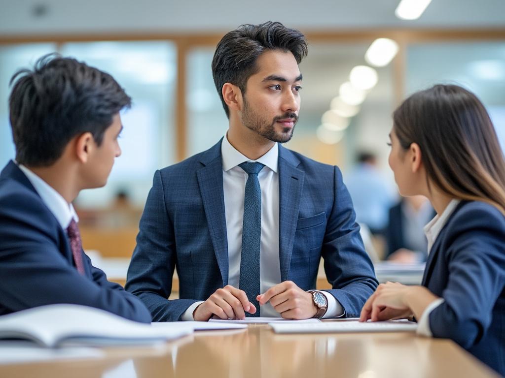Tres personas jóvenes en trajes formales en una reunión de oficina.