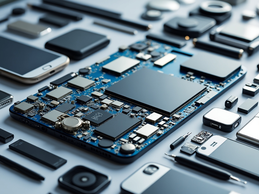 Placa base electrónica rodeada de componentes de hardware incluyendo smartphones y accesorios tecnológicos.