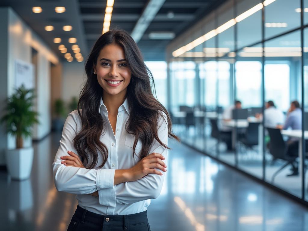 Mujer sonriendo con los brazos cruzados en una oficina moderna con paredes de vidrio y luces brillantes.