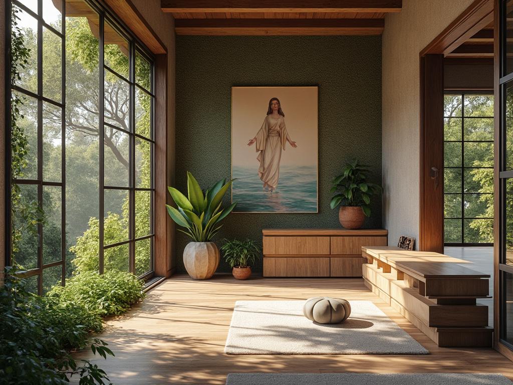 Sala contemporánea con amplias ventanas, plantas, iluminación natural y cuadro de figura femenina sobre el agua.