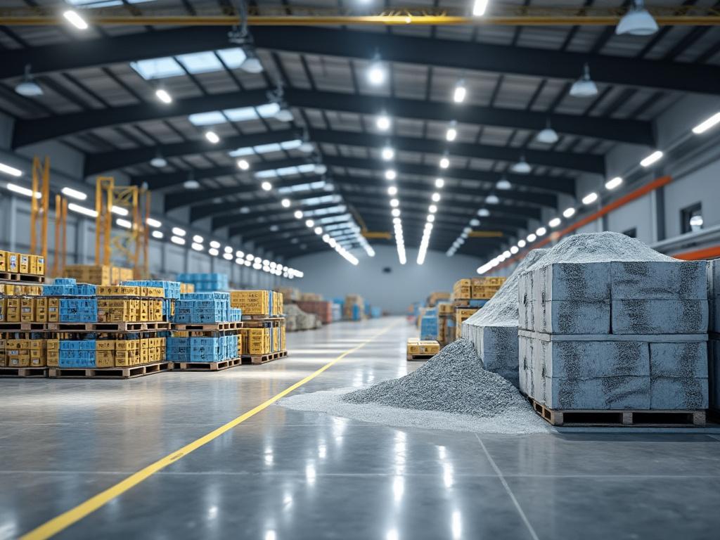 Almacén amplio con palets de ladrillos y arena bajo iluminación industrial.
