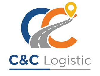 Logo de C&C Logistic con carretera curva y marcador de ubicación, empresa de transporte y logística
