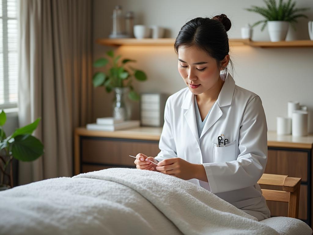 Female massage therapist in white coat preparing a treatment session in a spa room with plants and soft lighting.