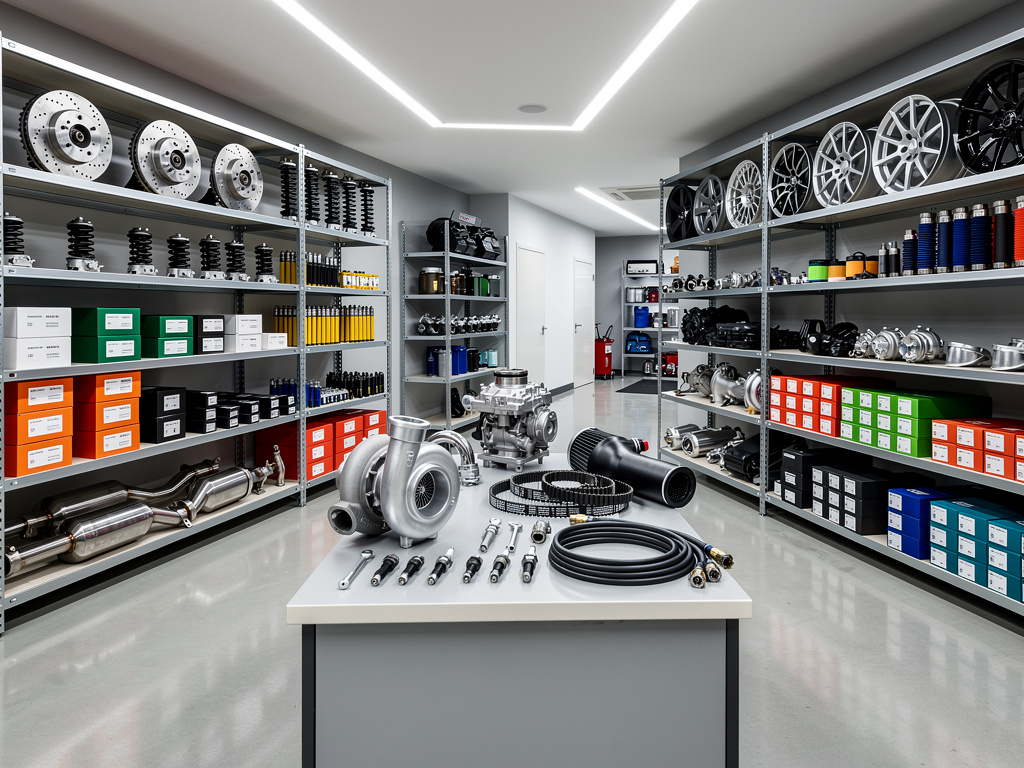 Tienda de repuestos de automóvil con turbos, llantas, frenos, amortiguadores y accesorios organizados en estanterías Tienda de repuestos de automóvil con turbos, llantas, frenos, amortiguadores y accesorios organizados en estanterías