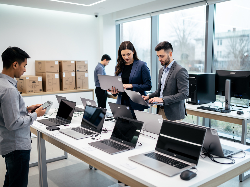 Equipo de oficina revisando portátiles y ordenadores en un laboratorio tecnológico moderno con cajas de inventario