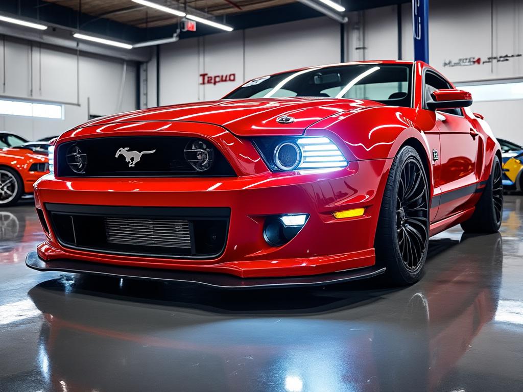 Red sports car with illuminated headlights, featuring a horse emblem, parked in a well-lit showroom.