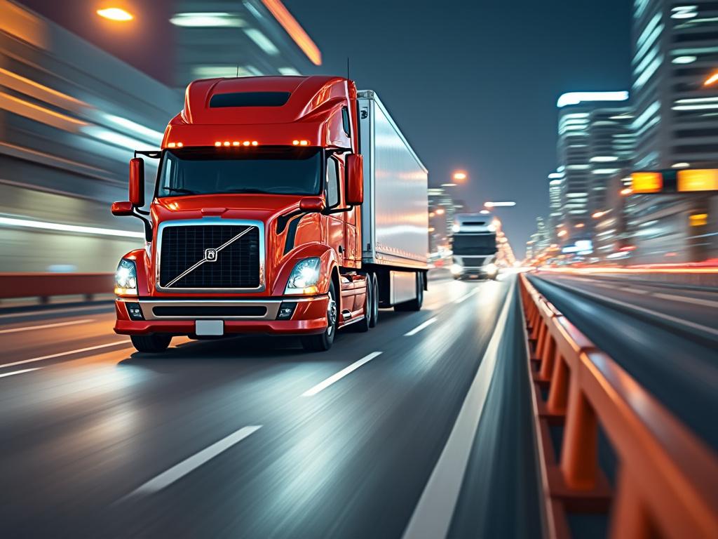 Camión rojo viajando a alta velocidad por una carretera urbana iluminada durante la noche, con rascacielos en el fondo.
