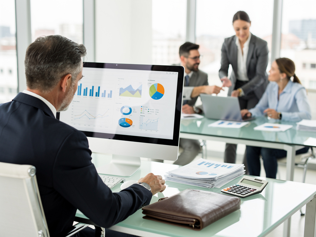 Equipo de negocios analizando gráficos financieros en oficina moderna con ordenador, informes y calculadora Equipo de negocios analizando gráficos financieros en oficina moderna con ordenador, informes y calculadora