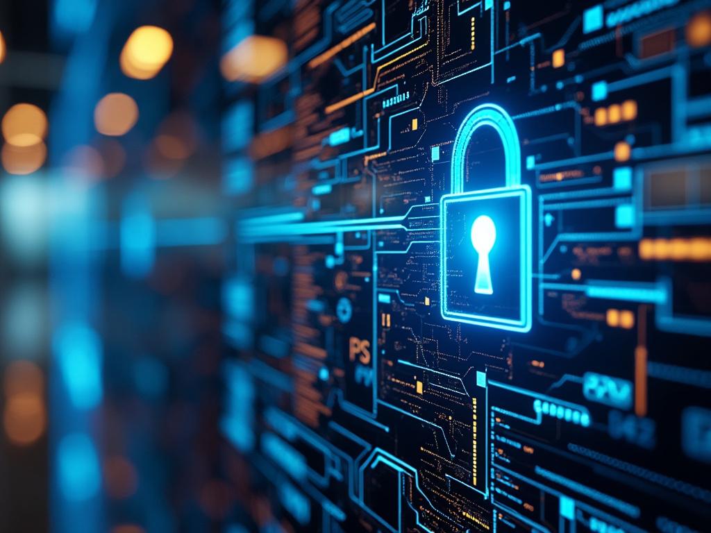 Representación digital de un candado azul en un fondo de circuitos electrónicos que simboliza la ciberseguridad.