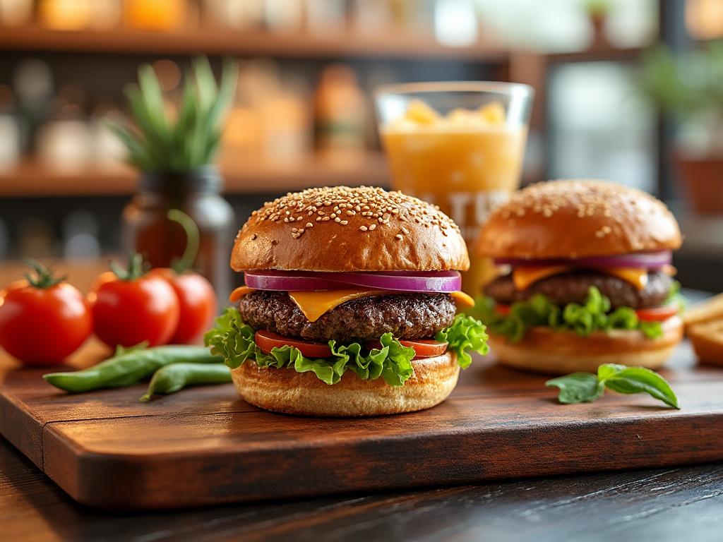 Hamburguesas gourmet con lechuga, tomate, cebolla y queso en un plato de madera, con bebida de fondo.