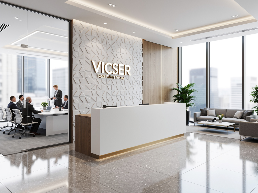Recepción moderna de oficina inmobiliaria Vicser con sala de espera, sala de reuniones acristalada y vistas urbanas