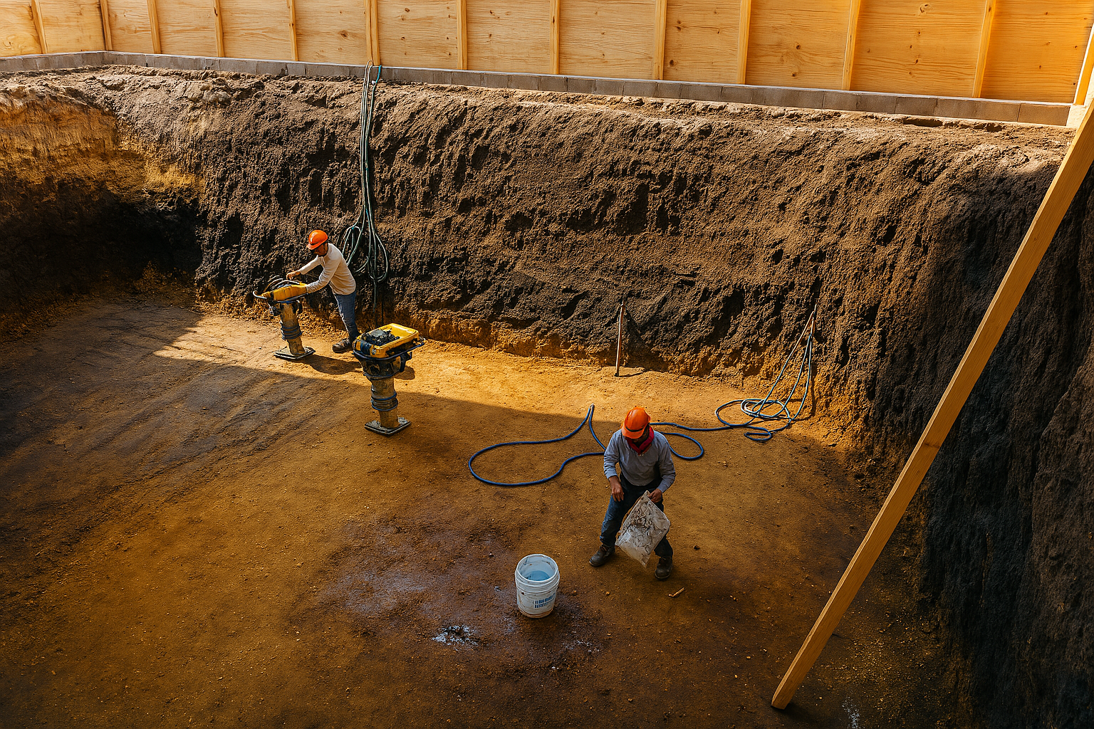 Trabajador de la construcción observando zona urbana con grúas y modernos rascacielos en un día soleado.