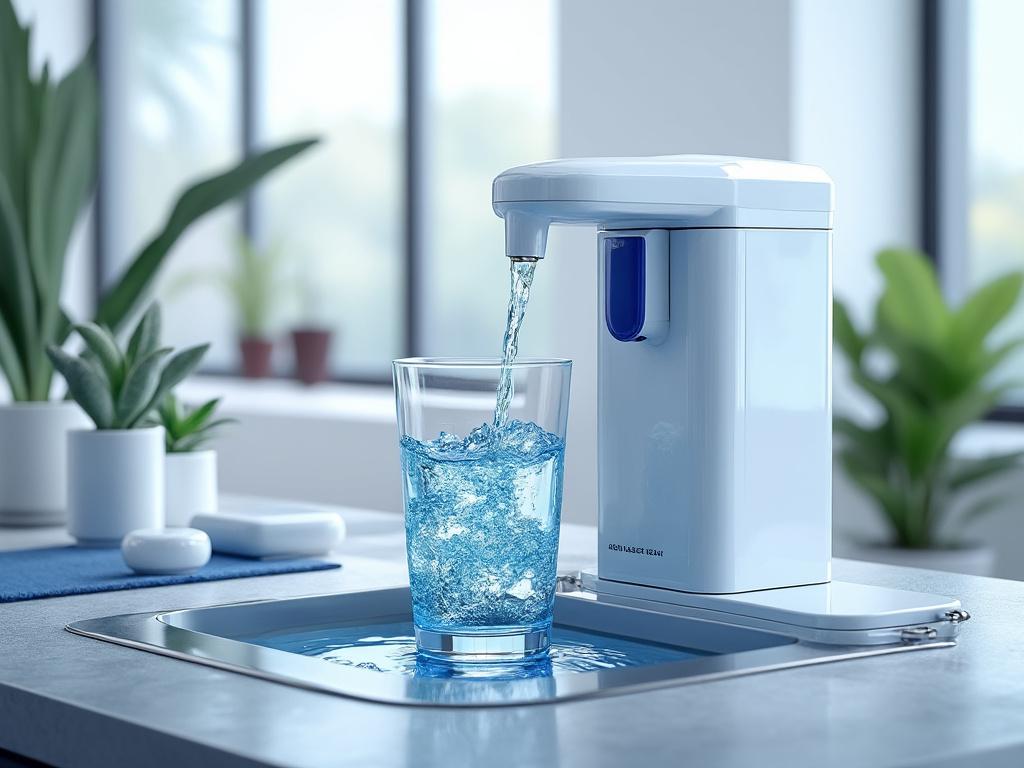 Dispensador de agua filtrada vertiendo en un vaso en una cocina moderna con plantas y luz natural.