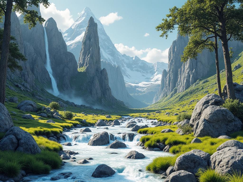 Vista panorámica de un valle de montaña con un río serpenteante, cascada y montañas nevadas al fondo, rodeado de vegetación exuberante.