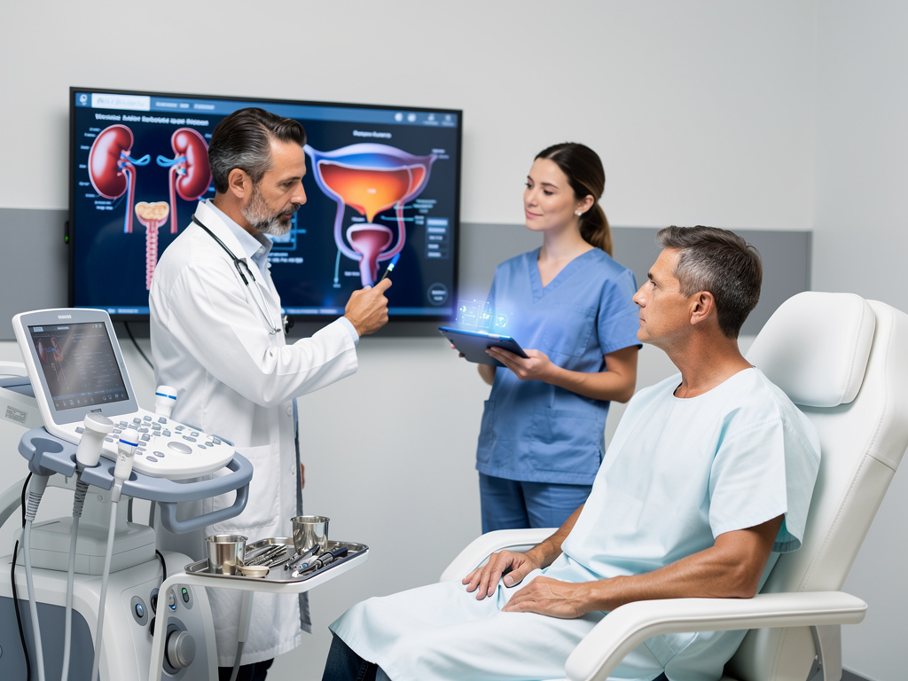 Consulta urológica con médico y paciente, ecógrafo y pantalla con anatomía del sistema urinario