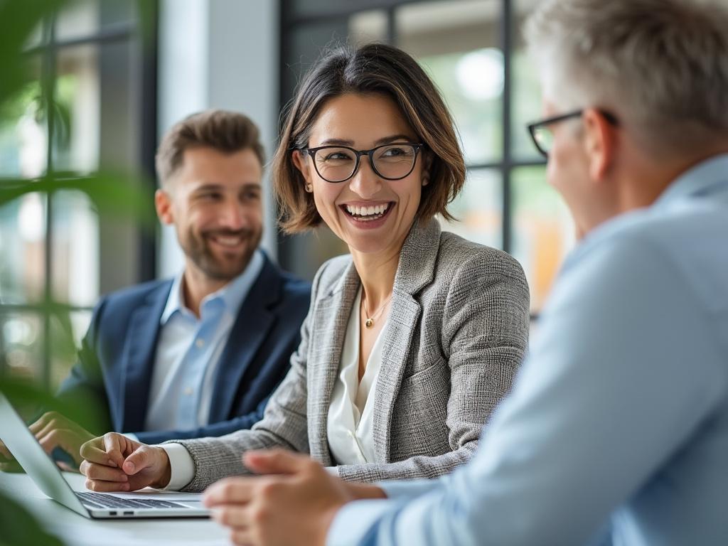 Personas sonriendo en una reunión de oficina, con una mujer en primer plano usando gafas y sujetando un portátil.