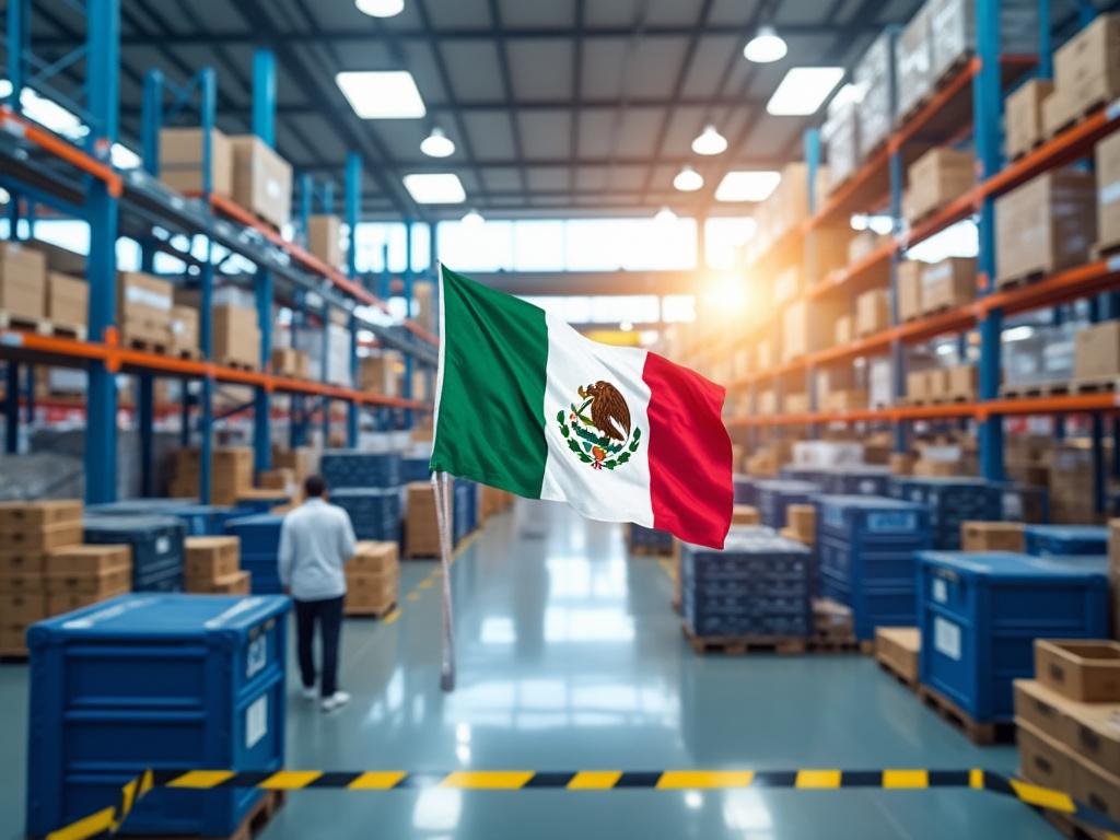 Bandera de México ondeando en un almacén con estantes llenos de cajas y luz solar entrando por el techo.