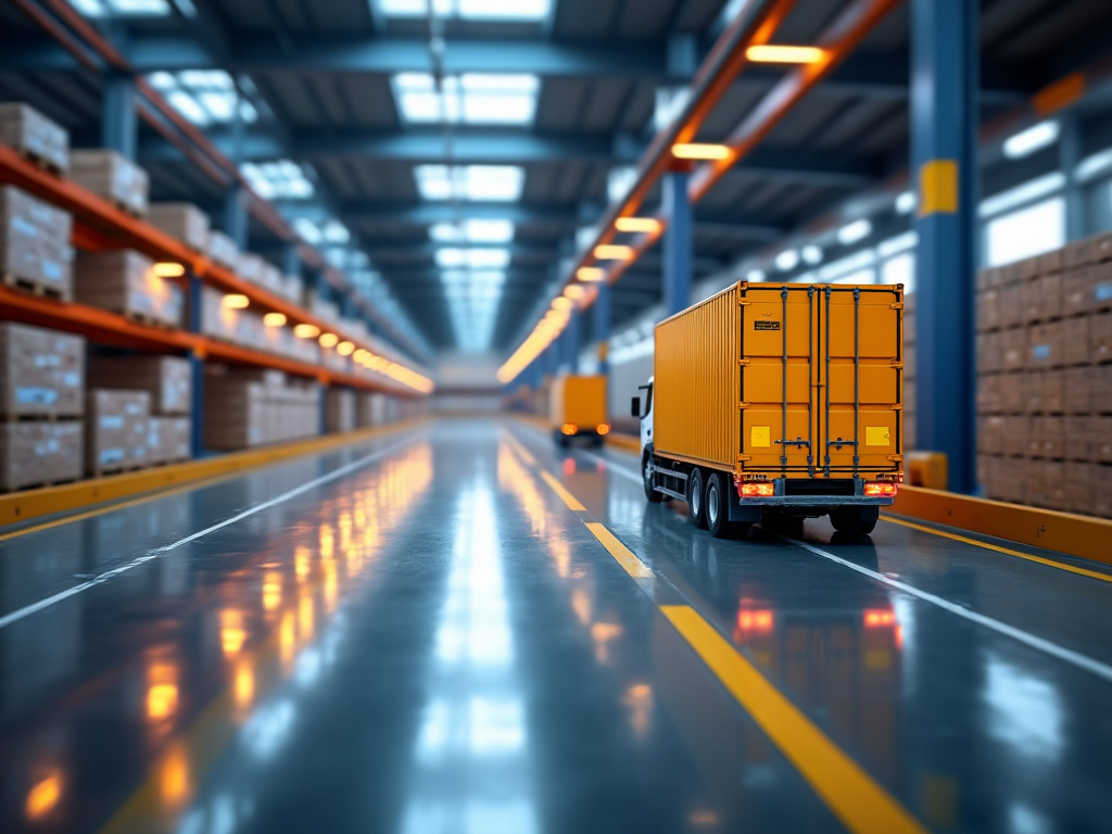 Camión logístico en almacén amplio y moderno con estanterías llenas de cajas.