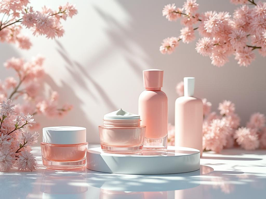 Envases de cosméticos en tonos rosados con flores de cerezo de fondo, iluminación natural.