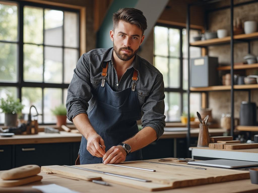 Man wearing apron working in a modern kitchen with wooden countertops and utensils.
