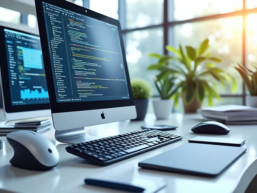 Oficina moderna con ordenador de sobremesa mostrando código en pantalla, teclado, ratón y plantas en el fondo.