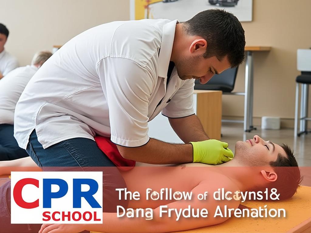 Man performing CPR training with a mannequin, wearing gloves, in a classroom setting with CPR School text overlay.