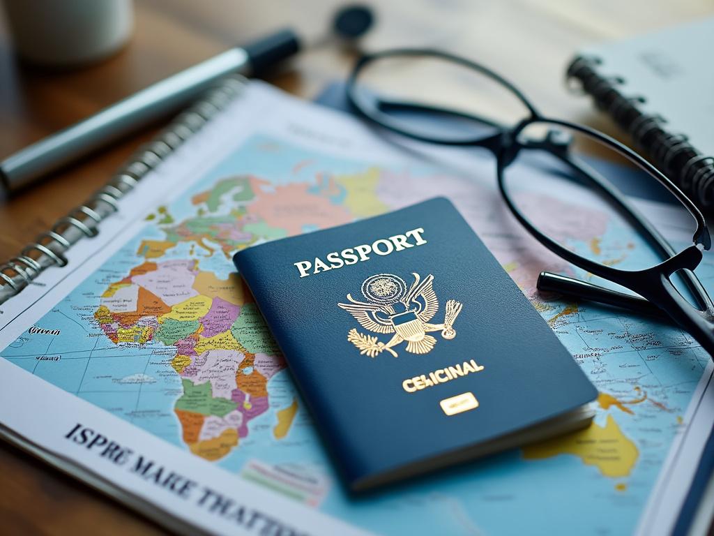 Pasaporte azul sobre un mapa con gafas, libreta y bolígrafo en un escritorio.