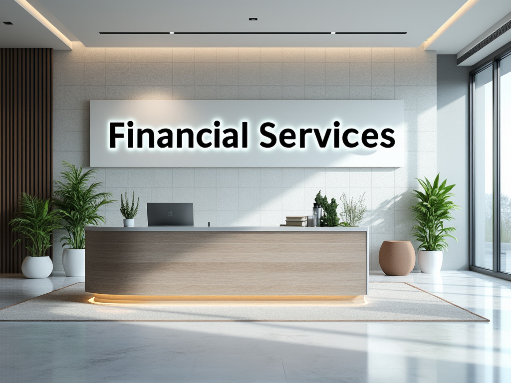 Recepción moderna de servicios financieros con plantas decorativas y una mesa de madera minimalista.