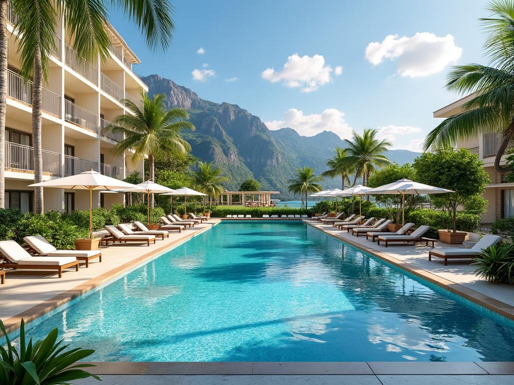 Piscina al aire libre en un resort de lujo rodeado de palmeras y montañas, con tumbonas y sombrillas a los lados.