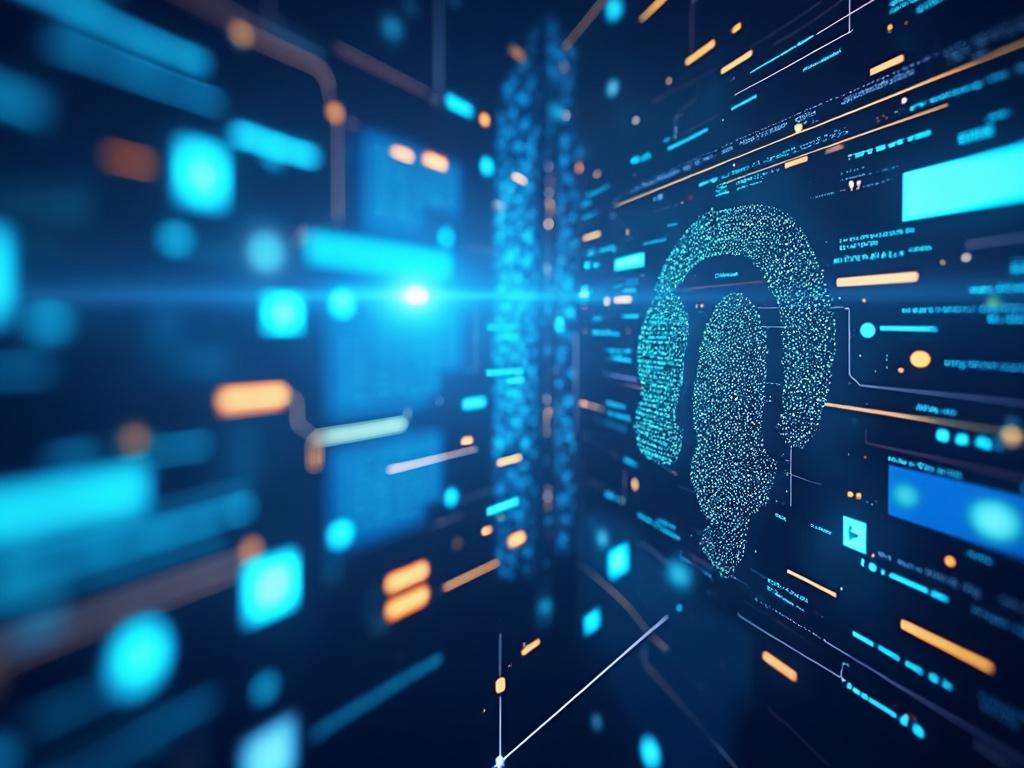 Ilustración digital de un casco de realidad virtual compuesto por puntos de luz en un fondo azul con elementos tecnológicos flotantes.