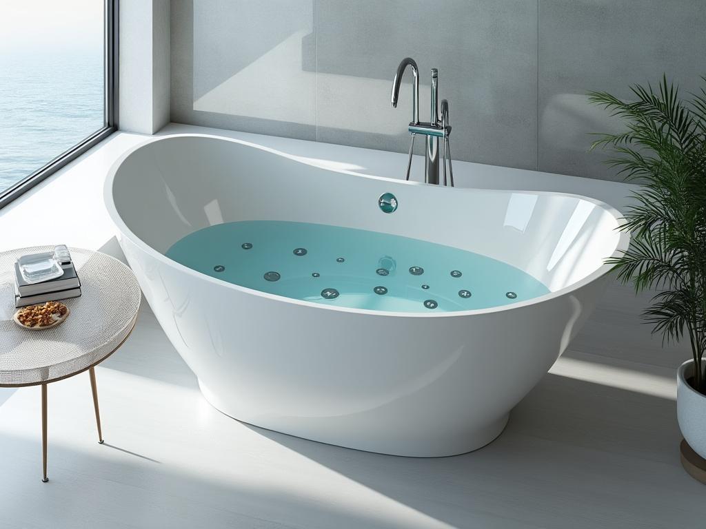 Bañera moderna blanca llena de agua en un baño con ventana grande, mesa redonda y planta decorativa.