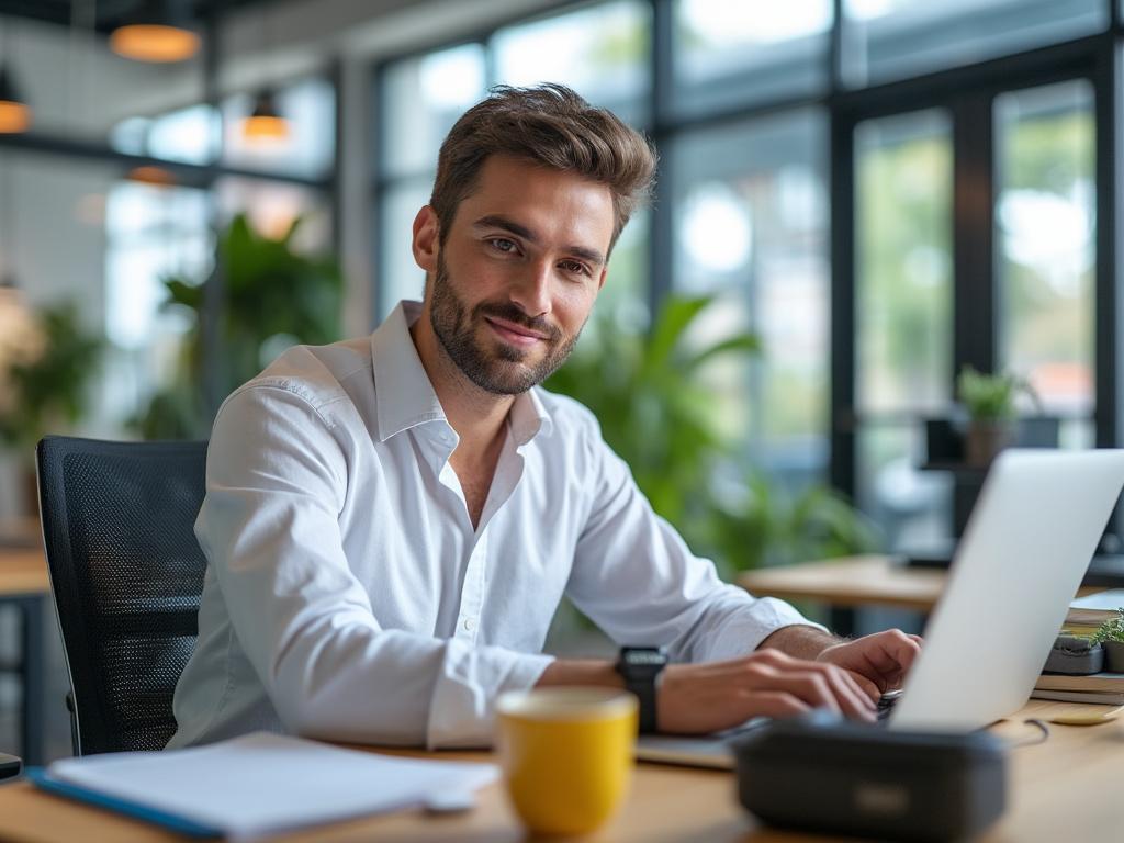 Man in a white shirt working on a laptop in a modern office with large windows and greenery.